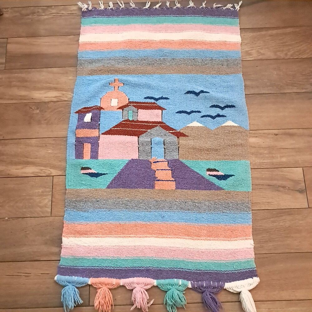 Vintage Mexican Pastel Houses church Wall Hanging decor Tapestry southwest woven